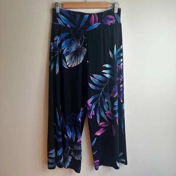 Clara Sun Woo Womens Wide Leg Crop Palazzo Pants Tropical Floral Pull On Size M - Picture 1 of 10